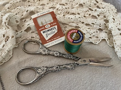 Vintage Grape Design Silver Plated Scissors with thread spool and needles